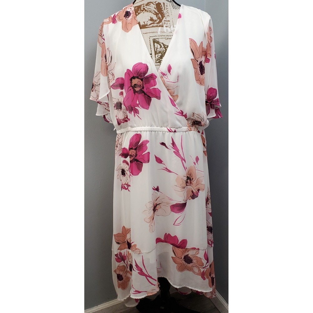 Lane Bryant Wrap Dress Womens 18 Multicolor Floral Chiffon High Low Cinch Waist